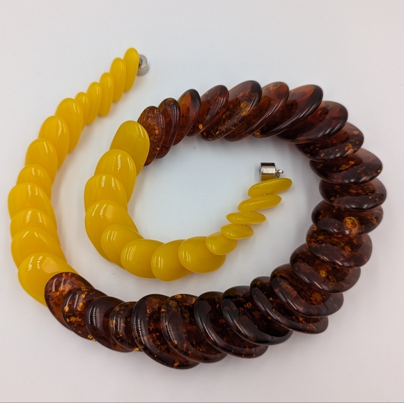 LARGE Graduated COGNAC & EGG YOLK Reconstituted AMBER DISCS RUNWAY NECKLACE 23" - Picture 4 of 15